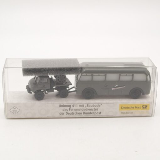 Brekina 1:87 018084 Unimog 411 Fernmeldedienst + Baubude in OVP QR8841 – Bild 4