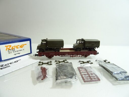 Roco H0 67764 Rungenwagen Ladung zwei Militär Unimog  in OVP PR1813