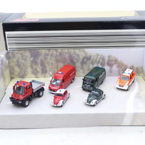 Schuco 1:87 9655 Einsatzfahrzeuge der Feuerwehr + Polizei 6er-Set in OVP EX6649