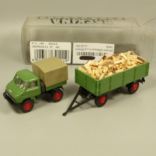 Brekina 1:87 39111 Unimog 411 mit Anhänger und Holz Ladung in OVP EX7210