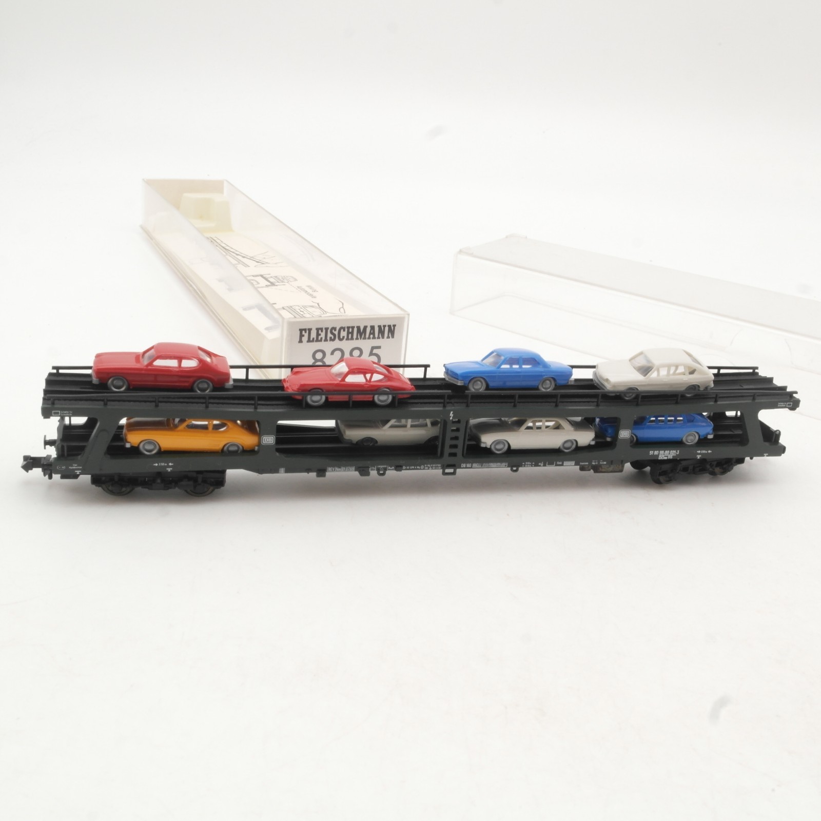 Fleischmann N 8285 Autotransporter mit 8 Autos der DB in OVP RR4920