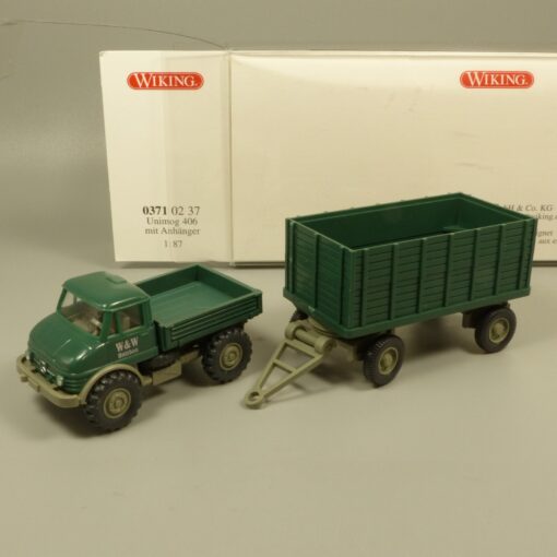 Wiking 1:87 03710237 Unimog U 406 mit Anhänger W&W Holzbau in OVP EX7145