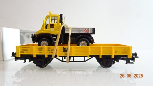 Märklin H0 00754-08 Niederbordwagen m. Unimog Leonhard Weiss DB in OVP PR8738 – Bild 3