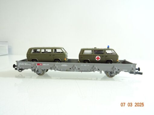 Roco H0 67484 Niederbordwagen mit 2 Armee VW Busse der SBB  in OVP PR6401 – Bild 3