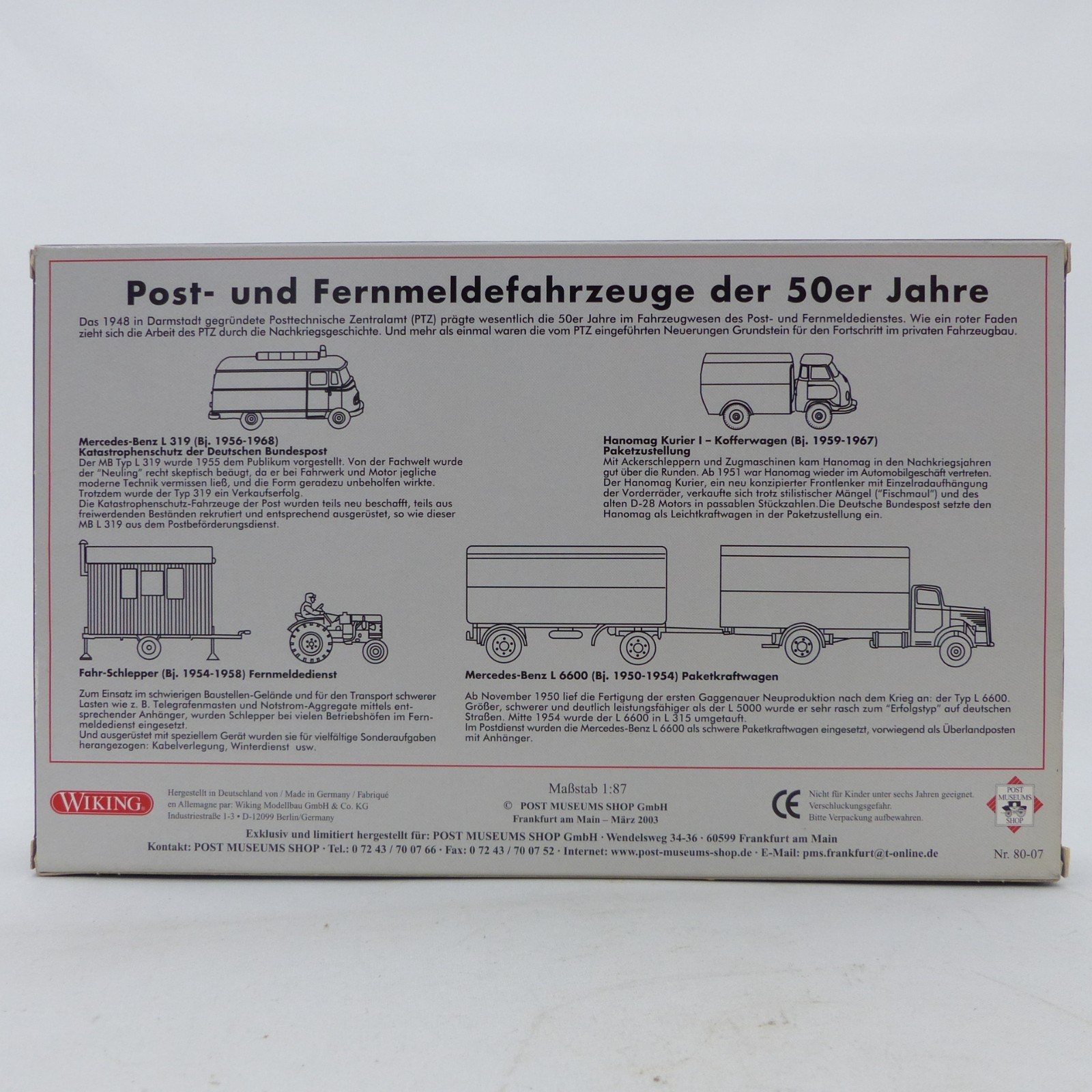 Wiking 1:87 PMS 80-07 Post- und Fernmeldefahrzeuge der 50er Jahre in OVP EX8517 – Bild 3