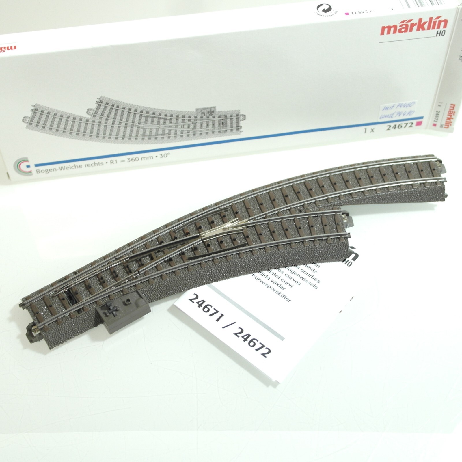 Märklin H0 24672 Bogenweichen rechts  R1 360 mm 30 ° + 74460 + 74490 RF9780