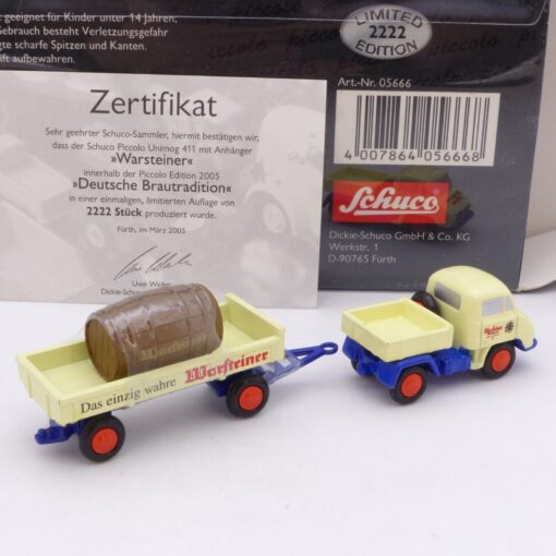Schuco Piccolo 1:90 Nr.: 05666 Unimog 411 mit Anhänger Warsteiner, in OVP EX1475 – Bild 3