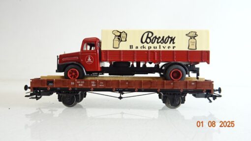 Märklin H0 Niederbordwagen mit LKW Boeson Backpulver der DB PR9367 o.