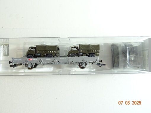 Roco H0 66739 Niederbordwagen mit 2 Armee Unimogs der SBB in OVP PR6413