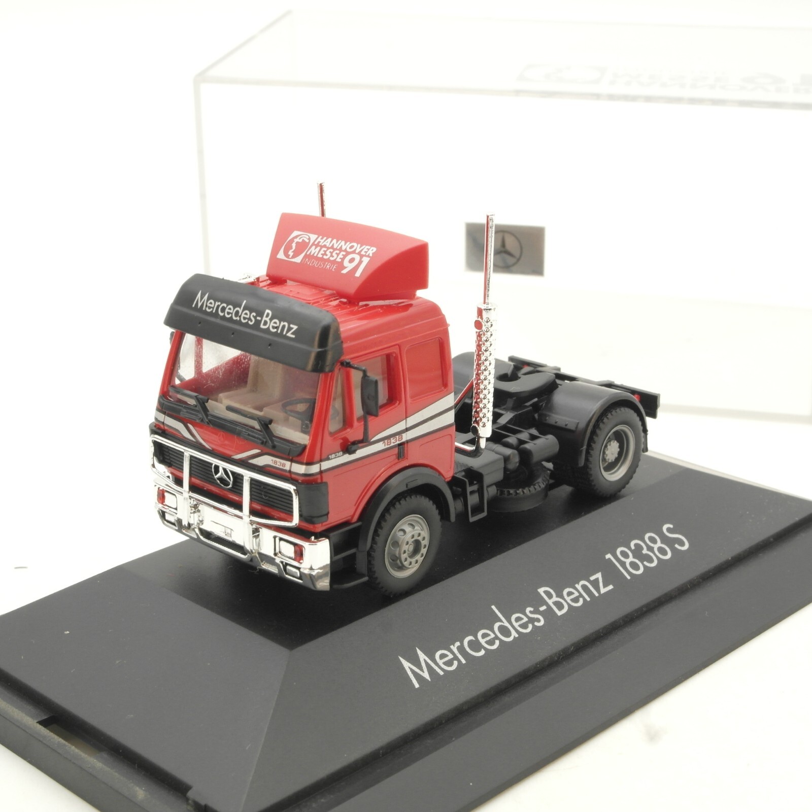 Herpa 1:87 Mercedes Benz 1838 S Zugmaschine Hannover 91 in PC Box QR1353