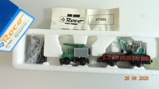 Roco H0 47495 Niederbordwagen mit Minibagger und Zweiwege Unimog in OVP PR8746
